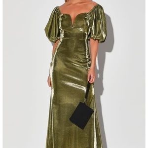 Gold metallic puffy sleeve mermaid maxi dress